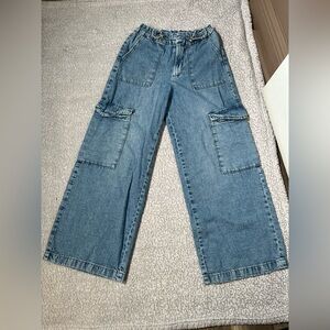 Zara Wide Leg Denim Cargo Pants | Elastic Paperbag Waist Size 13-14 (164 CM)